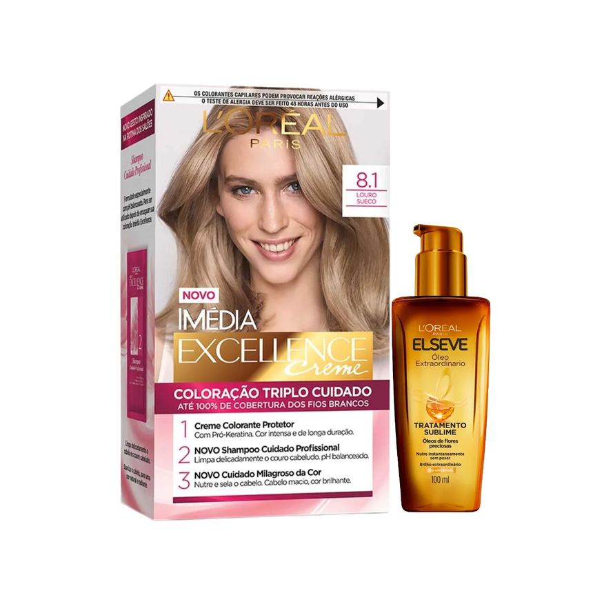 Elseve Kit L'Oréal Paris Tinta de Cabelo Permanente Imédia Excellence Creme - 8.1 Louro Sueco 47g + Óleo Extraordinário Tratamento Reconstrutor 100ml