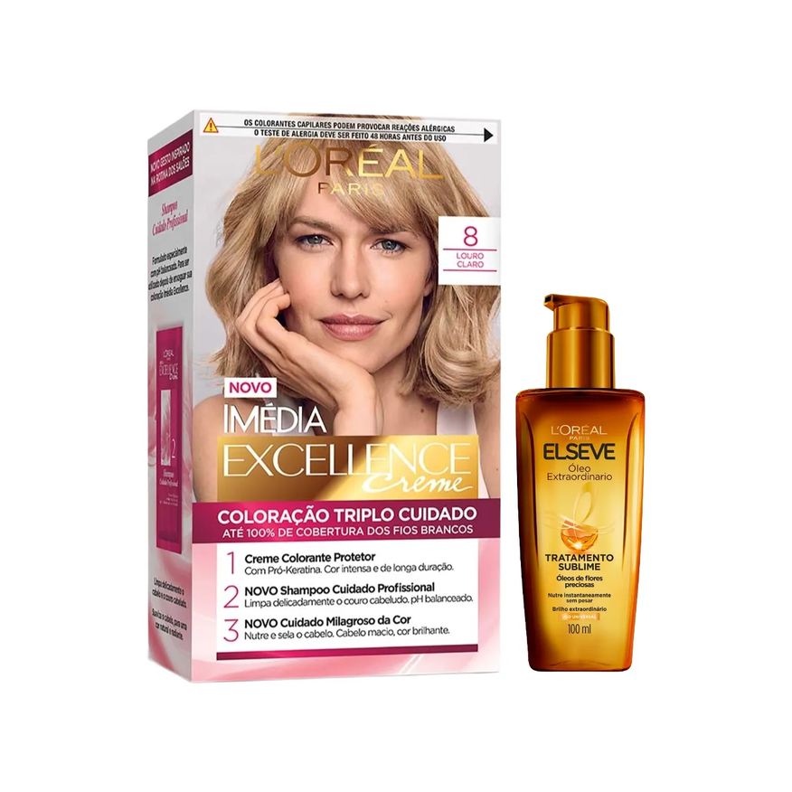 L'Oréal Paris Kit Tinta de Cabelo Permanente Imédia Excellence Creme - 8 Louro Claro 47g + Óleo Extraordinário Tratamento Reconstrutor Elseve 100ml