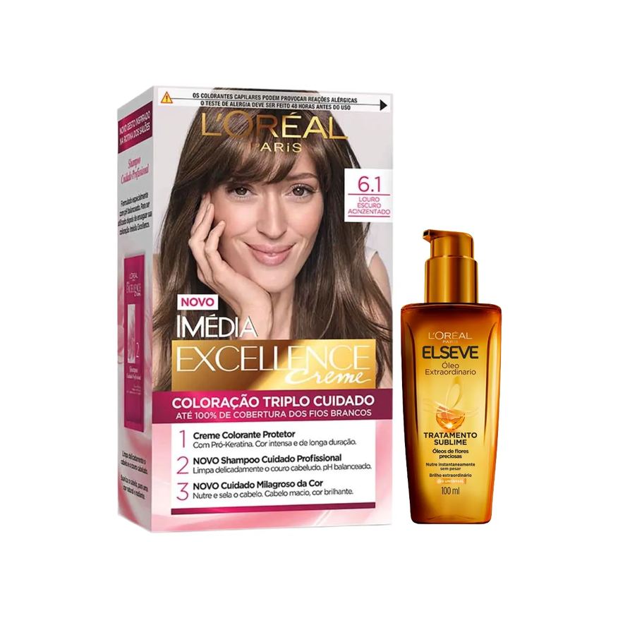 L'Oréal Paris Kit Tinta de Cabelo Permanente Imédia Excellence Creme 47g - 6.1 Louro Escuro Acinzentado + Óleo Extraordinário Tratamento Reconstrutor