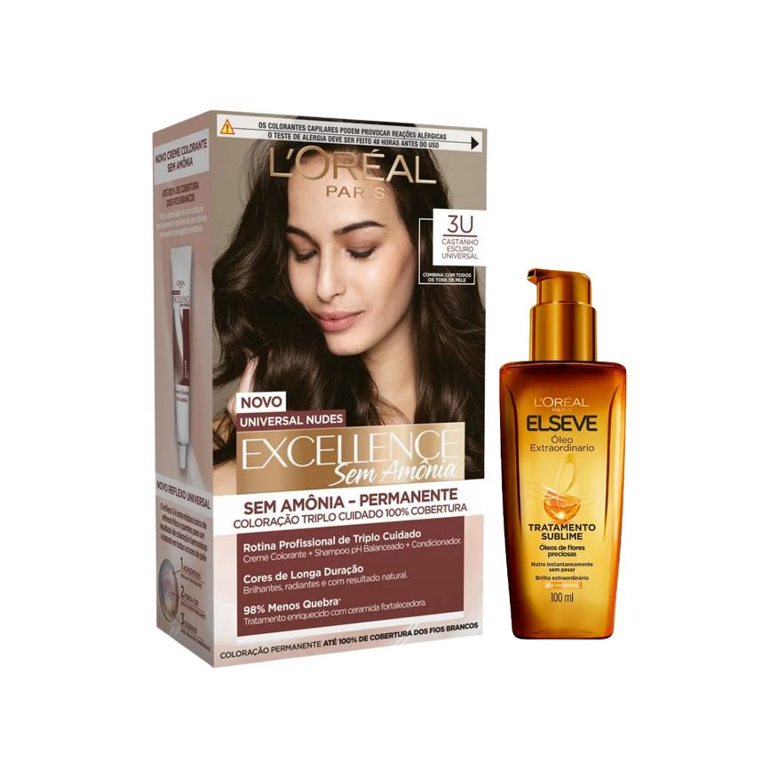 L'Oréal Paris Kit Tinta de Cabelo Permanente Imédia Excellence Sem Amônia - 3U Castanho Escuro Universal + Óleo Extraordinário Tratamento