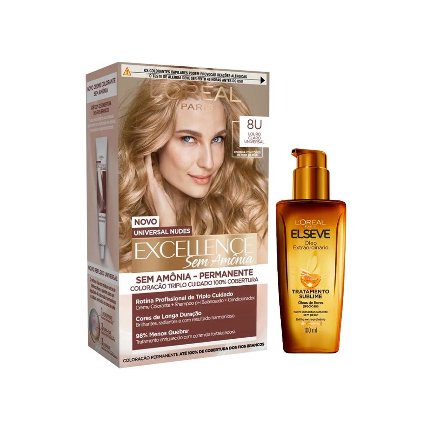 L'Oréal Paris Kit Tinta de Cabelo Permanente Imédia Excellence Sem Amônia - 8U Louro Claro Universal + Óleo Extraordinário Tratamento Reconstrutor