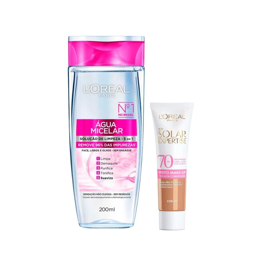 L'Oréal Paris Kit Facial Água Micelar Solução de Limpeza 5 em 1 200ml + Protetor Solar Expertise Efeito Make Up FPS 70 Cor 4.0 30g