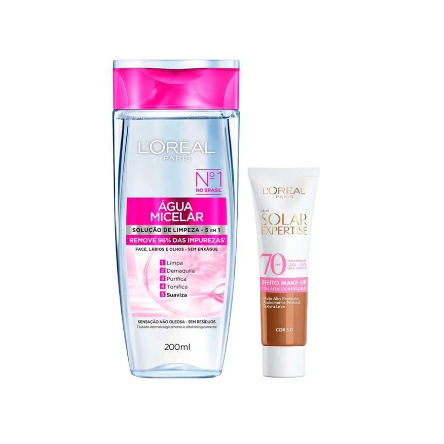L'Oréal Paris Kit Facial Água Micelar Solução de Limpeza 5 em 1 200ml + Protetor Solar Expertise Efeito Make Up FPS 70 Cor 5.0 30g