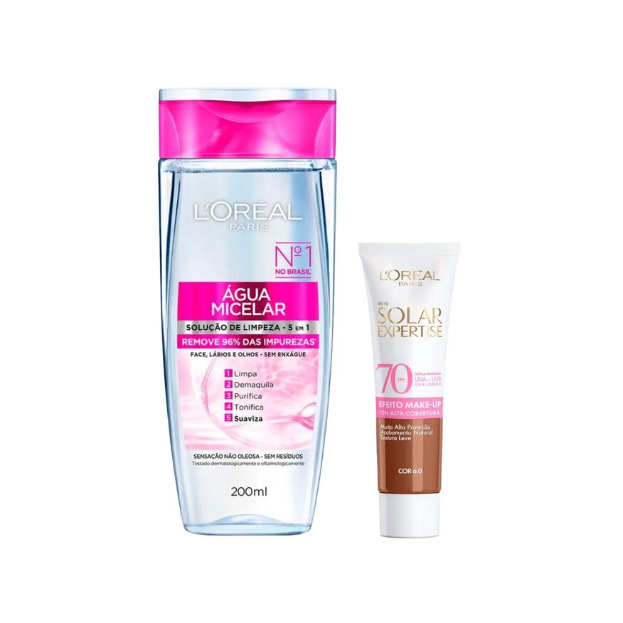 L'Oréal Paris Kit Facial Água Micelar Solução de Limpeza 5 em 1 200ml + Protetor Solar Expertise Efeito Make Up FPS 70 Cor 6.0 30g