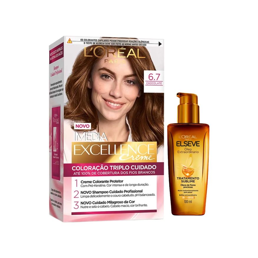 L'Oréal Paris Kit Tinta de Cabelo Permanente Imédia Excellence Creme - 6.7 Chocolate + Óleo Extraordinário Tratamento Reconstrutor Elseve 100ml