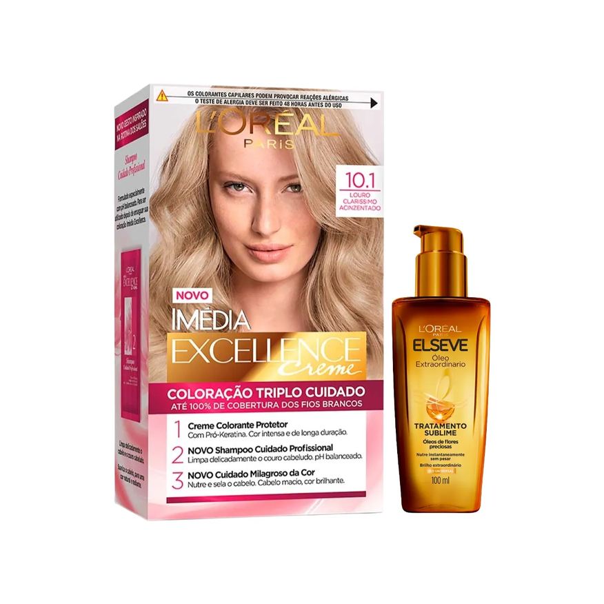 L'Oréal Paris Kit Tinta de Cabelo Permanente Imédia Excellence Creme - 10.1 Louro Claríssimo Acinzentado + Óleo Extraordinário Tratamento