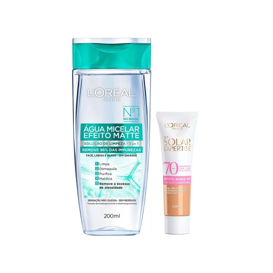 L'Oréal Paris Kit Facial Água Micelar Efeito Matte Solução de Limpeza 5 em 1 200ml + Protetor Solar Expertise Efeito Make Up FPS 70 Cor 2.0 30g