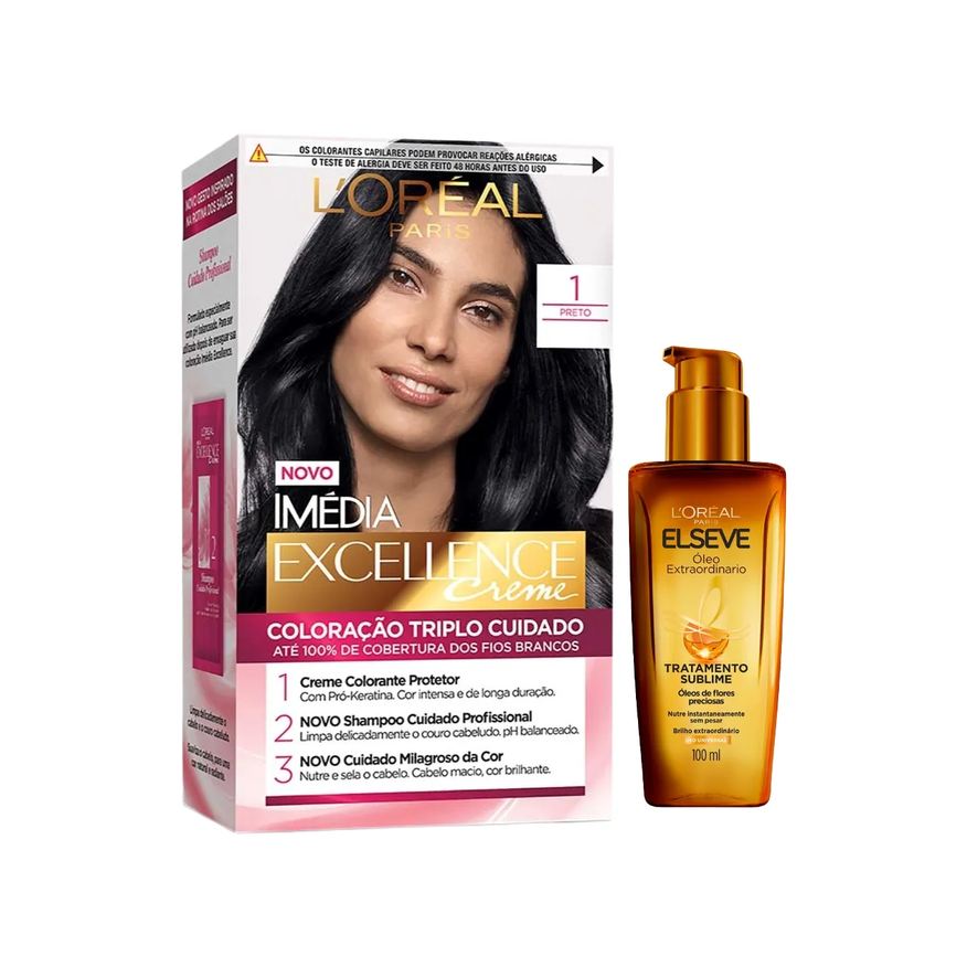 L'Oréal Paris Kit Tinta de Cabelo Permanente Imédia Excellence Creme - 1 Preto + Óleo Extraordinário Tratamento Reconstrutor Elseve 100ml