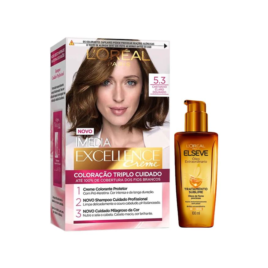 L'Oréal Paris Kit Tinta de Cabelo Permanente Imédia Excellence Creme - 5.3 Castanho Claro Dourado + Óleo Extraordinário Tratamento Reconstrutor