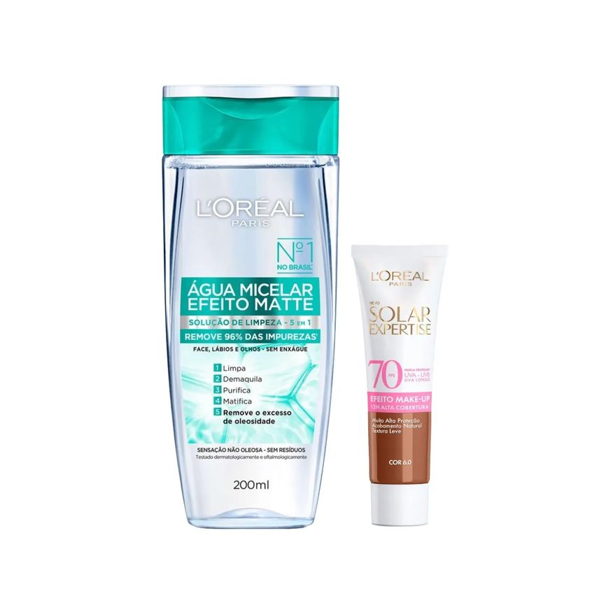 L'Oréal Paris Kit Facial Água Micelar Efeito Matte Solução de Limpeza 5 em 1 200ml + Protetor Solar Expertise Efeito Make Up FPS 70 Cor 6.0 30g