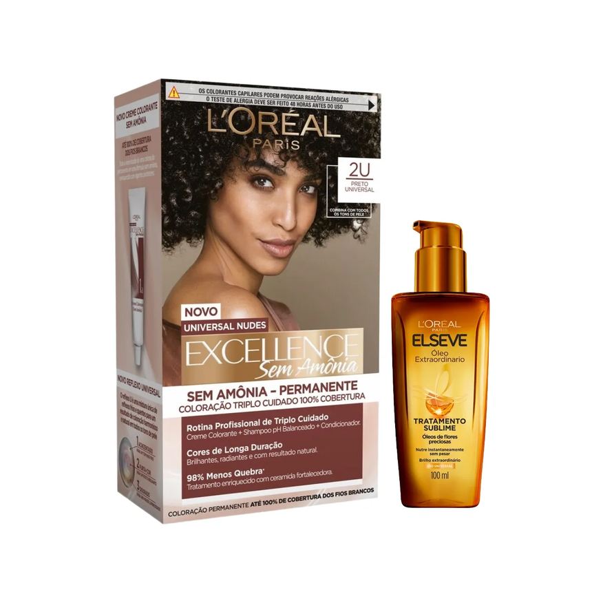 L'Oréal Paris Kit Tinta de Cabelo Permanente Imédia Excellence Sem Amônia - 2U Preto Universal + Óleo Extraordinário Tratamento Reconstrutor Elseve