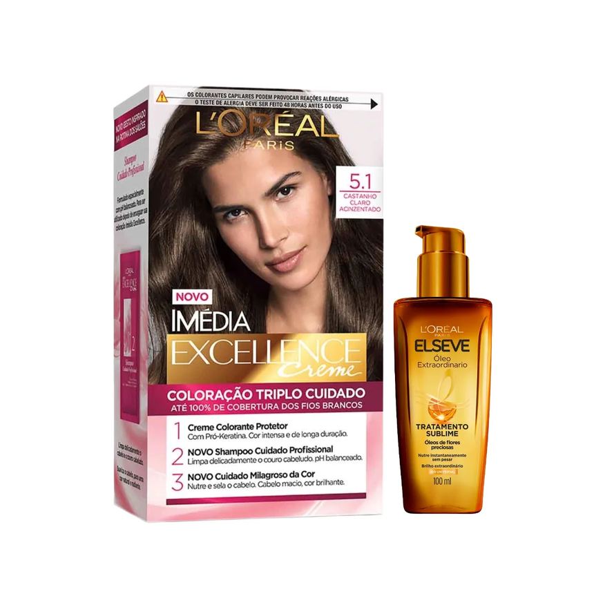 L'Oréal Paris Kit Tinta de Cabelo Permanente Imédia Excellence Creme - 5.1 Castanho Claro Acinzentado + Óleo Extraordinário Tratamento Reconstrutor