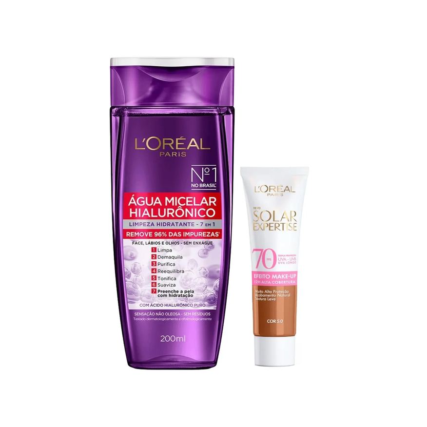 L'Oréal Paris Kit Facial Água Micelar Hialurônico Limpeza Hidratante 7 em 1 200ml + Protetor Solar Expertise Efeito Make Up FPS 70 Cor 5.0 30g