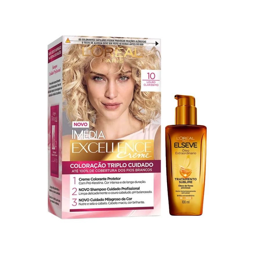 L'Oréal Paris Kit Tinta de Cabelo Permanente Imédia Excellence Creme - 10 Louro Claríssimo + Óleo Extraordinário Tratamento Reconstrutor Elseve 100ml