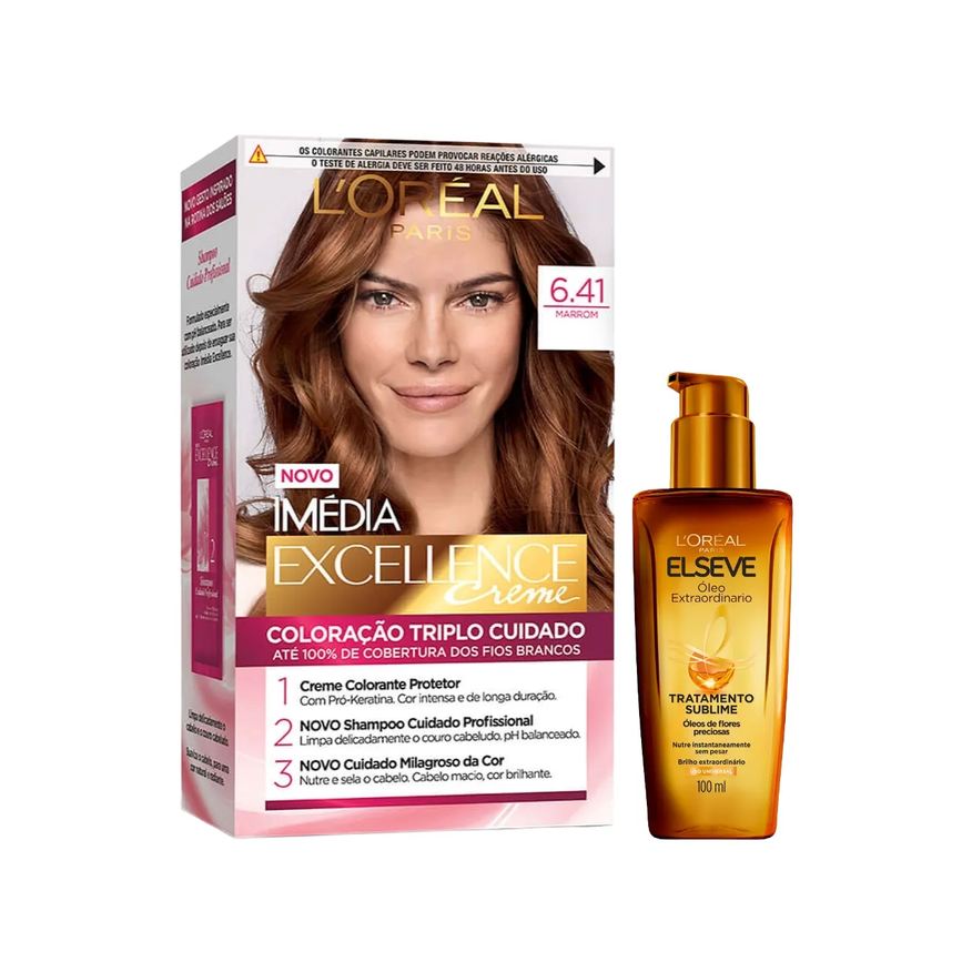 L'Oréal Paris Kit Tinta de Cabelo Permanente Imédia Excellence Creme - 6.41 Marrom + Óleo Extraordinário Tratamento Reconstrutor Elseve 100ml
