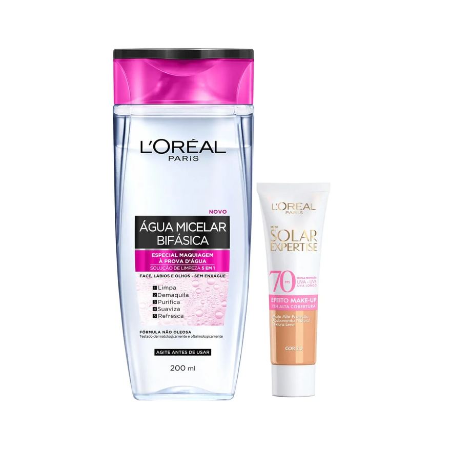 L'Oréal Paris Kit Facial Água Micelar Bifásica Solução de Limpeza 5 em 1 200ml + Protetor Solar Expertise Efeito Make Up FPS 70 Cor 2.0 30g