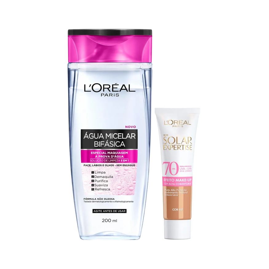 L'Oréal Paris Kit Facial Água Micelar Bifásica Solução de Limpeza 5 em 1 200ml + Protetor Solar Expertise Efeito Make Up FPS 70 Cor 4.0 30g