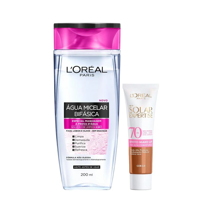 L'Oréal Paris Kit Facial Água Micelar Bifásica Solução de Limpeza 5 em 1 200ml + Protetor Solar Expertise Efeito Make Up FPS 70 Cor 5.0 30g