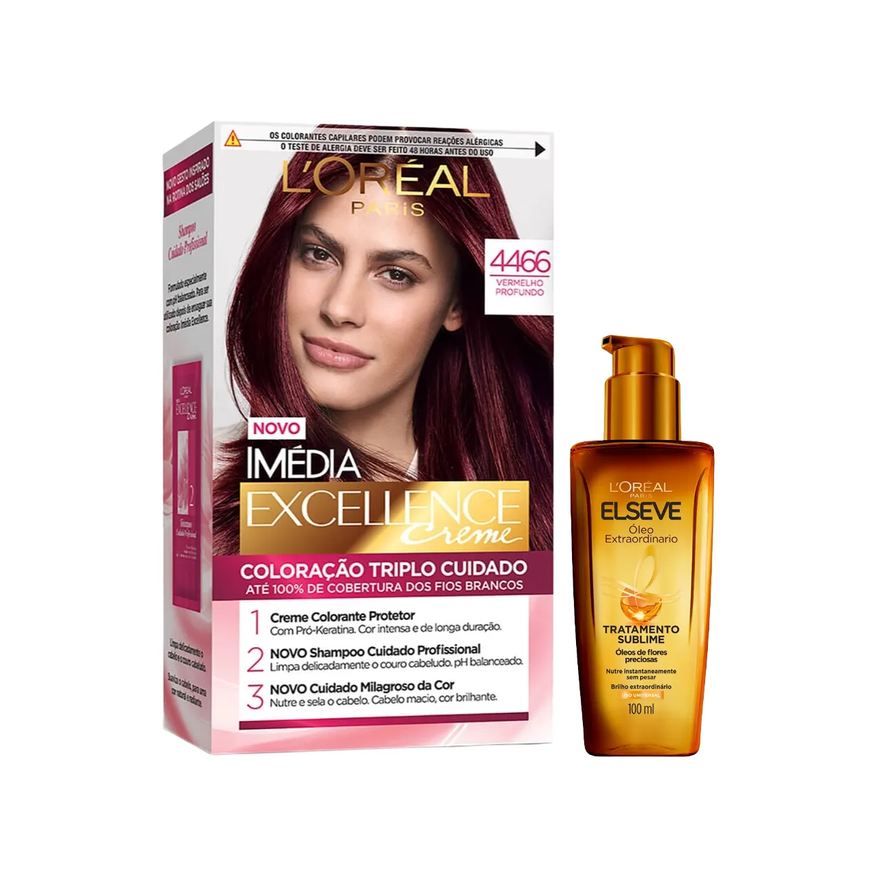L'Oréal Paris Kit Tinta de Cabelo Permanente Imédia Excellence Creme - 4466 Vermelho Profundo + Óleo Extraordinário Tratamento Reconstrutor Elseve
