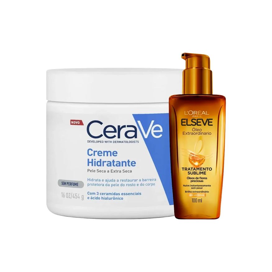 Kit Óleo Extraordinário Elseve L'Oréal Paris Tratamento Sublime + Creme Hidratante Corporal CeraVe Pele Seca e Extra Seca 454g
