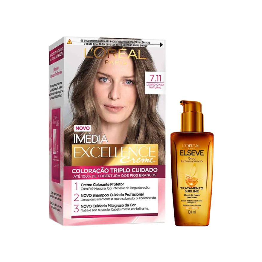 L'Oréal Paris Kit Tinta de Cabelo Permanente Imédia Excellence Creme - 7.11 Louro Cinza Natural + Óleo Extraordinário Tratamento Reconstrutor Elseve