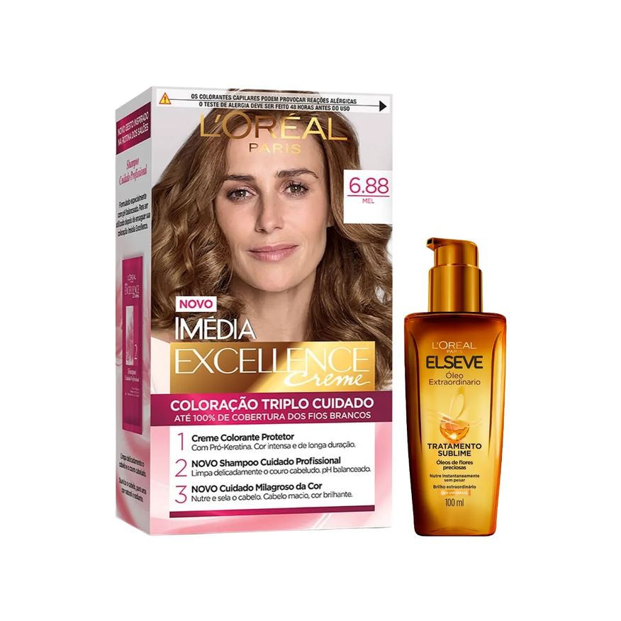 L'Oréal Paris Kit Tinta de Cabelo Permanente Imédia Excellence Creme - 6.88 Mel + Óleo Extraordinário Tratamento Reconstrutor Elseve 100ml