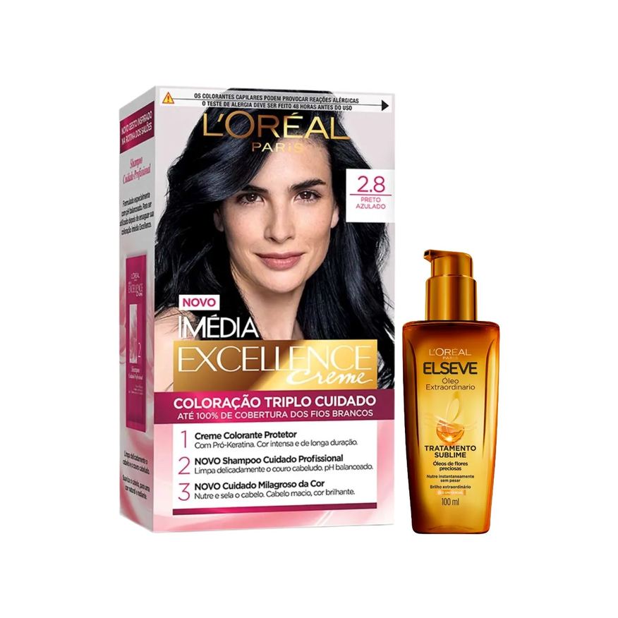 L'Oréal Paris Kit Tinta de Cabelo Permanente Imédia Excellence Creme - 2.8 Preto Azulado + Óleo Extraordinário Tratamento Reconstrutor Elseve 100ml