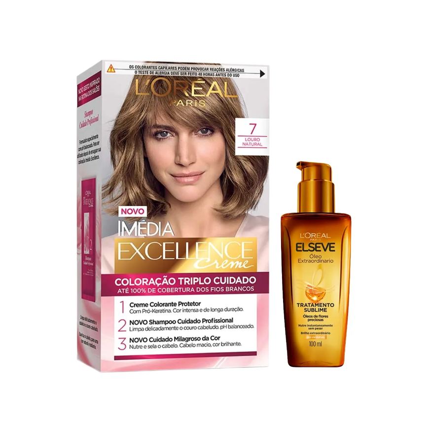 L'Oréal Paris Kit Tinta de Cabelo Permanente Imédia Excellence Creme - 7 Louro Natural + Óleo Extraordinário Elseve Tratamento Sublime 100ml