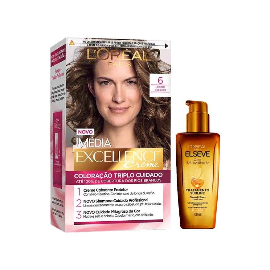 L'Oréal Paris Kit Tinta de Cabelo Permanente Imédia Excellence Creme - 6 Louro Escuro + Óleo Extraordinário Elseve Tratamento Sublime 100ml