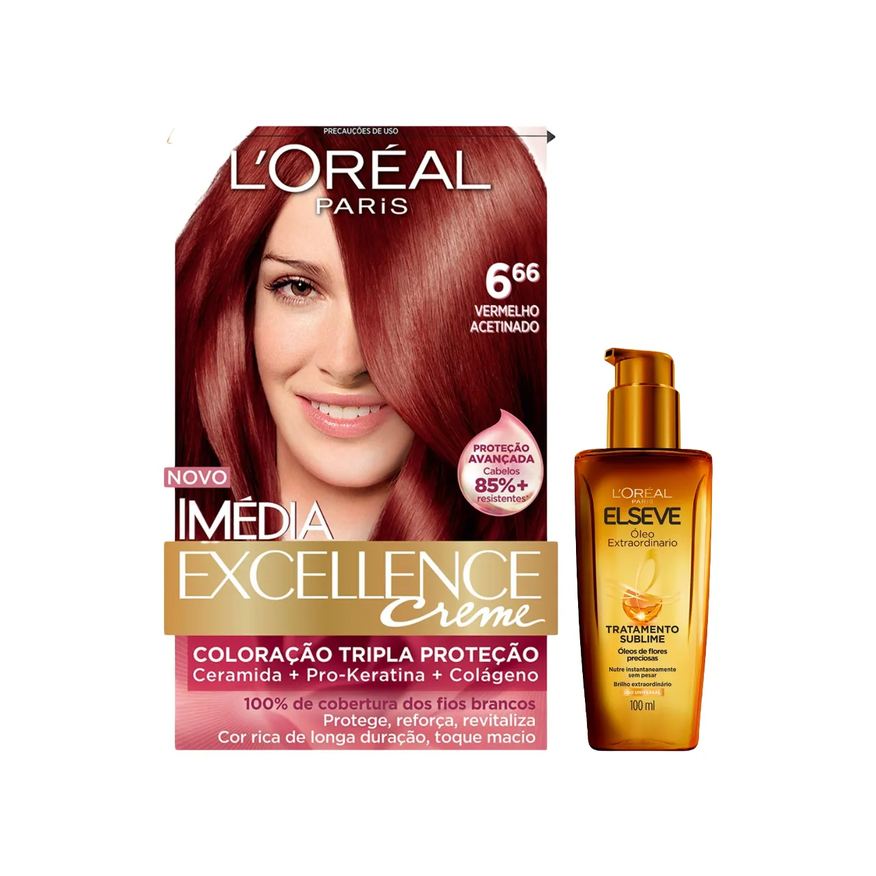 L'Oréal Paris Kit Tinta de Cabelo Permanente Iméida Excellence Creme - 6.66 Vermelho Acetinado + Óleo Extraordinário Tratamento Reconstrutor Elseve