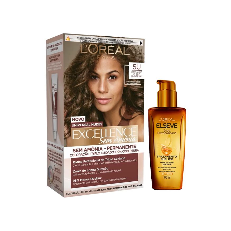 L'Oréal Paris Kit Tinta de Cabelo Permanente Imédia Excellence Sem Amônia - 5U Castanho Claro Universal + Óleo Extraordinário Elseve Tratamento