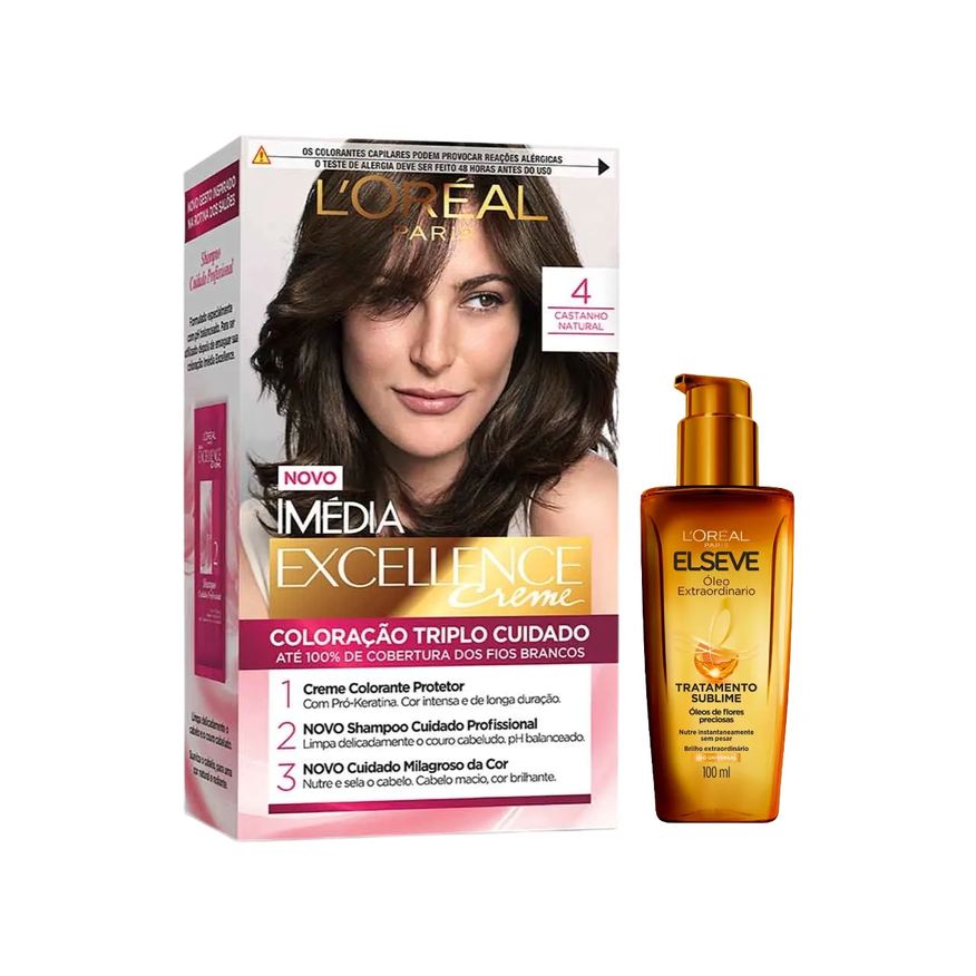 L'Oréal Paris Kit Tinta de Cabelo Permanente Imédia Excellence Creme - 4 Castanho Natural + Óleo Extraordinário Elseve Tratamento Sublime 100ml