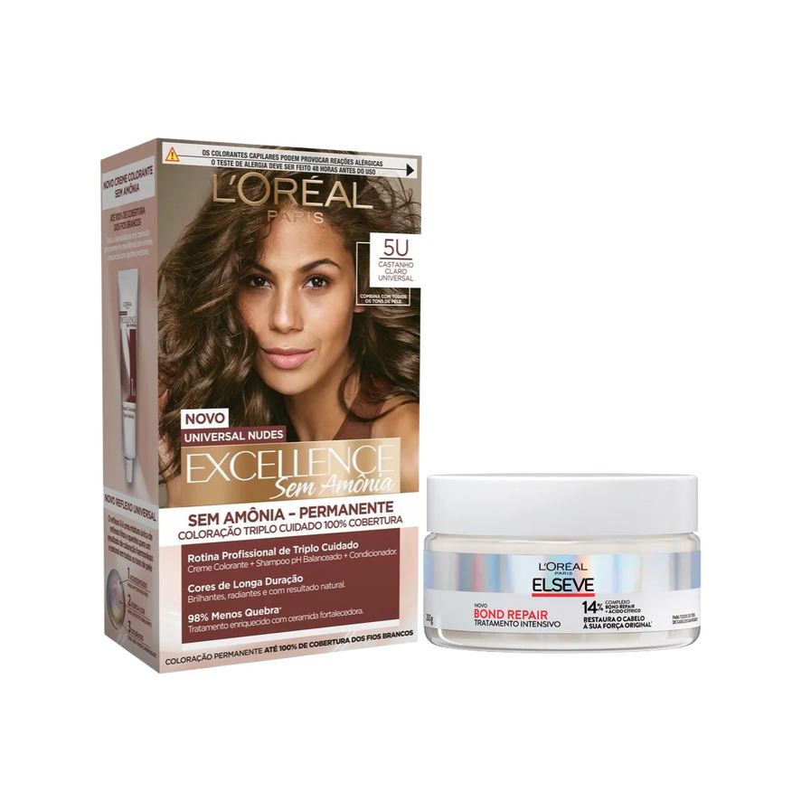 L'Oréal Paris Kit Tinta de Cabelo Permanente Imédia Excellence Sem Amônia - 5U Castanho Claro Universal + Creme de Tratamento Intensivo Elseve Bond