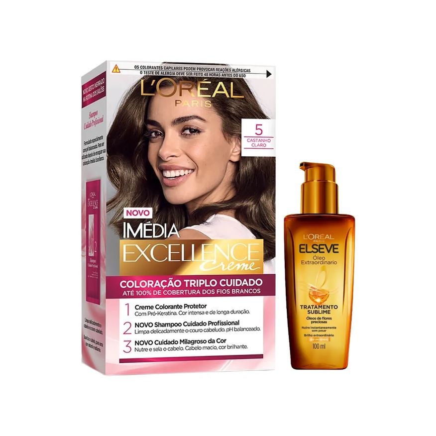 L'Oréal Paris Kit Tinta de Cabelo Permanente Imédia Excellence Creme - 5 Castanho Claro + Óleo Extraordinário Elseve Tratamento Sublime 100ml