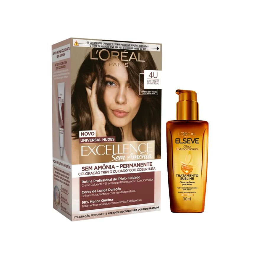 L'Oréal Paris Kit Tinta de Cabelo Permanente Imédia Excellence Sem Amônia - 4U Castanho Universal + Óleo Extraordinário Elseve Tratamento Sublime