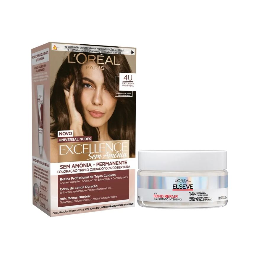 L'Oréal Paris Kit Tinta de Cabelo Permanente Imédia Excellence Sem Amônia - 4U Castanho Universal + Creme de Tratamento Intensivo Elseve Bond Repair