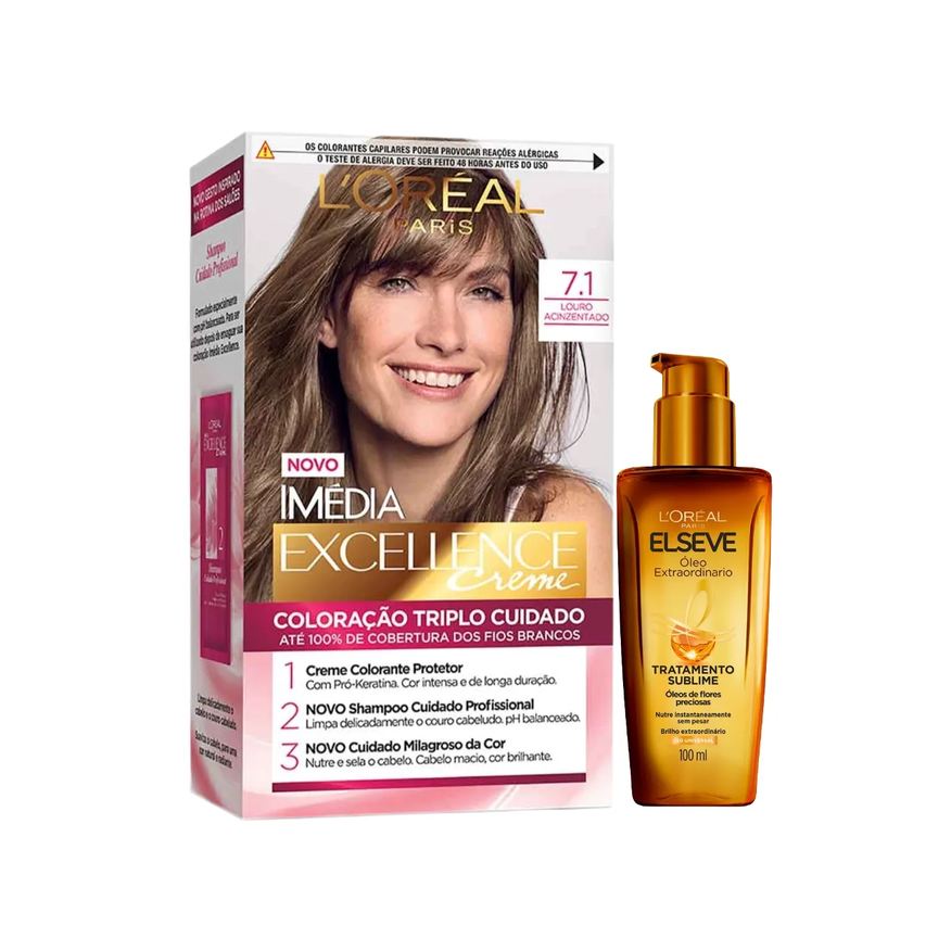 L'Oréal Paris Kit Tinta de Cabelo Permanente Imédia Excellence Creme - 7.1 Louro Acinzentado + Óleo Extraordinário Elseve Tratamento Sublime 100ml