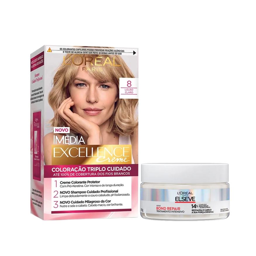 L'Oréal Paris Kit Tinta de Cabelo Permanente Imédia Excellence Creme - 8 Louro Claro + Creme de Tratamento Intensivo Elseve Bond Repair 200g