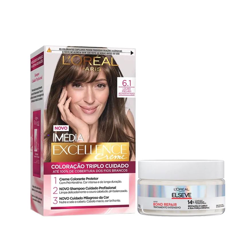 L'Oréal Paris Kit Tinta de Cabelo Permanente Imédia Excellence Creme - 6.1 Louro Escuro Acinzentado + Creme de Tratamento Intensivo Elseve Bond
