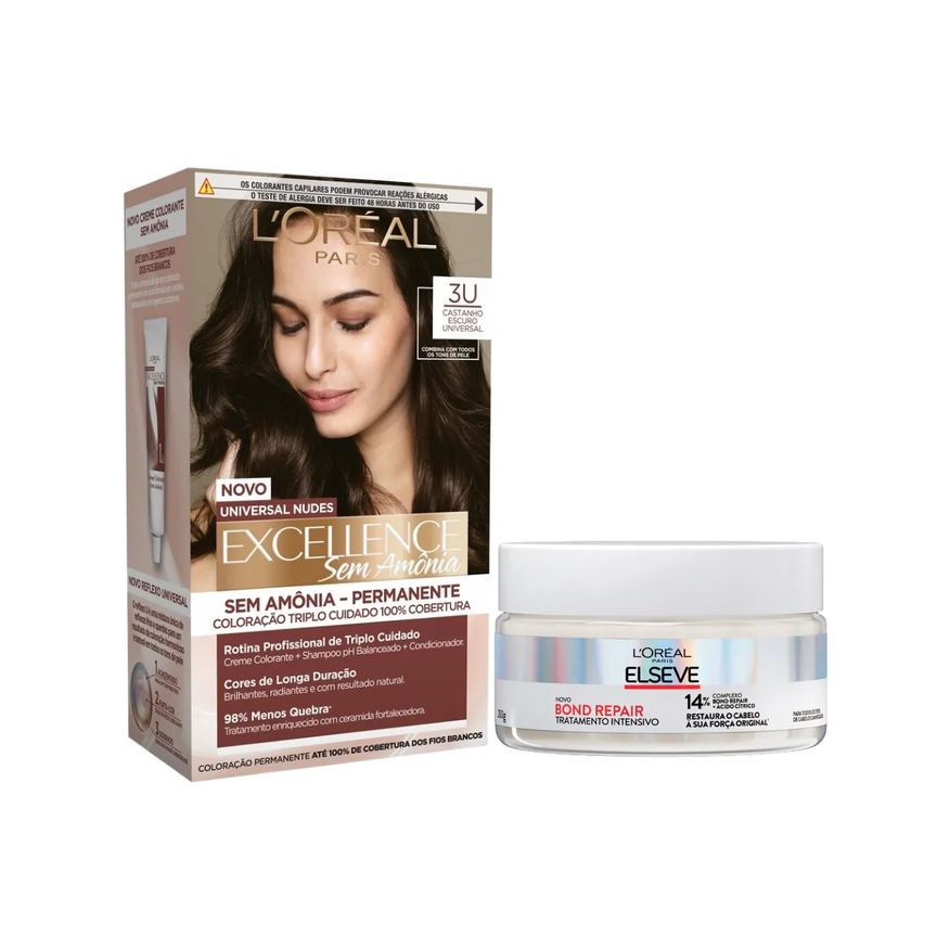 L'Oréal Paris Kit Tinta de Cabelo Permanente Imédia Excellence Sem Amônia - 3U Castanho Escuro Universal + Creme de Tratamento Intensivo Elseve Bond