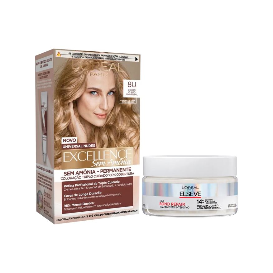 L'Oréal Paris Kit Tinta de Cabelo Permanente Imédia Excellence Sem Amônia - 8U Louro Claro Universal + Creme de Tratamento Intensivo Elseve Bond