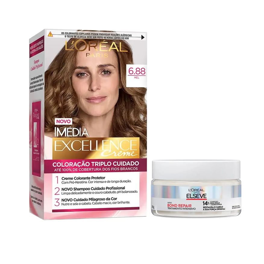 L'Oréal Paris Kit Tinta de Cabelo Permanente Imédia Excellence Creme - 6.88 Mel + Creme de Tratamento Intensivo Elseve Bond Repair 200g