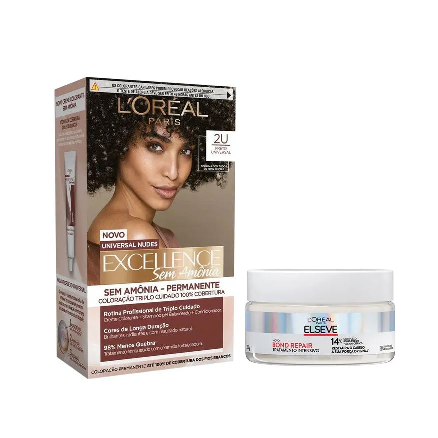 L'Oréal Paris Kit Tinta de Cabelo Permanente Imédia Excellence Sem Amônia - 2U Preto Universal + Creme de Tratamento Intensivo Elseve Bond Repair 200g