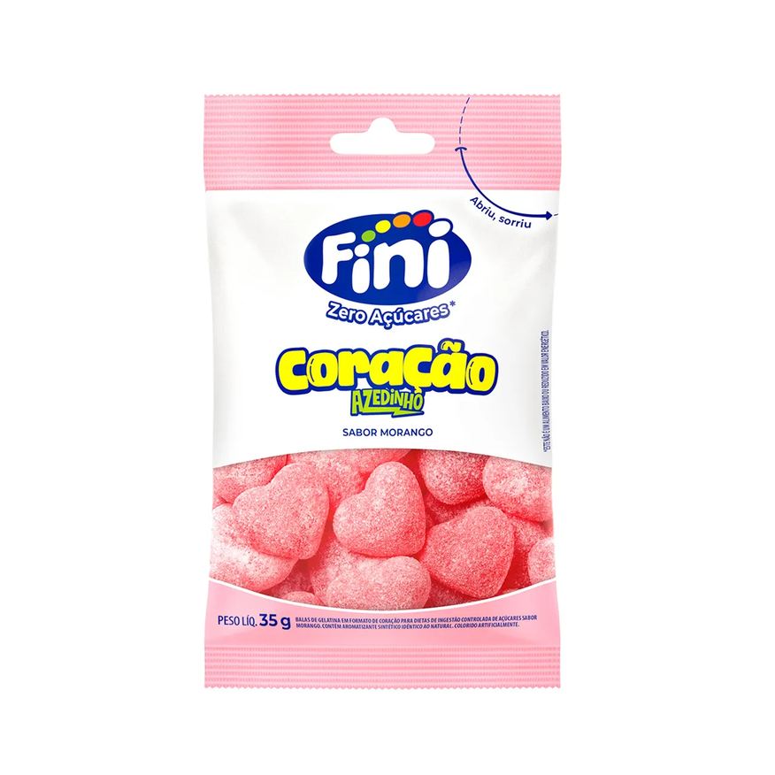 de Balas Gelatina Fini Zero Açúcares Coração Morango Azedinho 35g