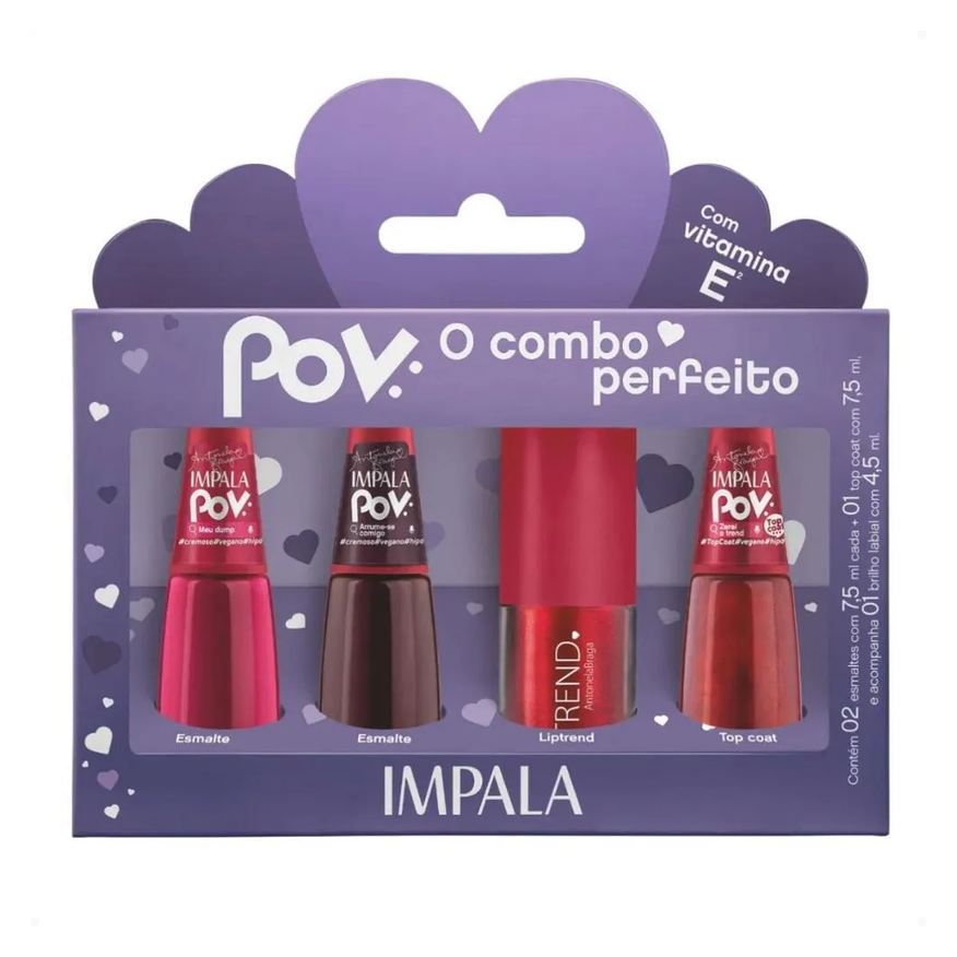 Impala Kit Pov Antonela: 2 Esmaltes, 1 Top Coat e 1 Gloss Labial