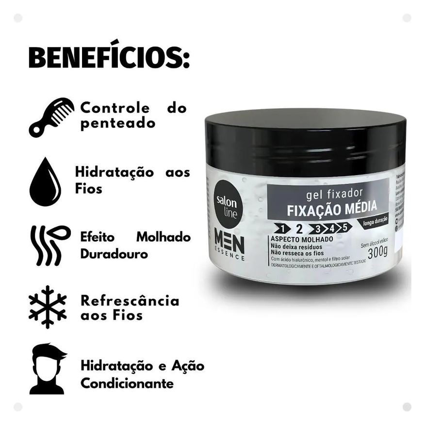 Salon Line Gel Fixador Men Essence Fixação Média Aspecto Molhado 300g