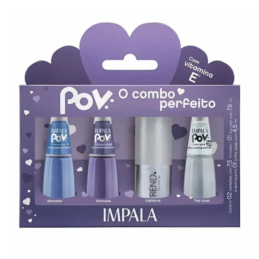 Impala Kit Pov 2.3 Maria Nicolly: 2 Esmaltes, 1 Top Coat e 1 Gloss Labial