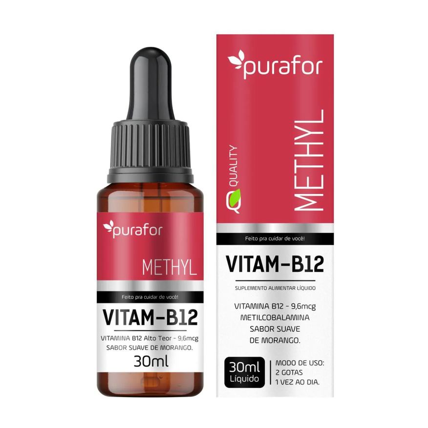 Purafor Vitamina B12 Metilcobalamina 30ml – Sabor Morango, Alta Absorção
