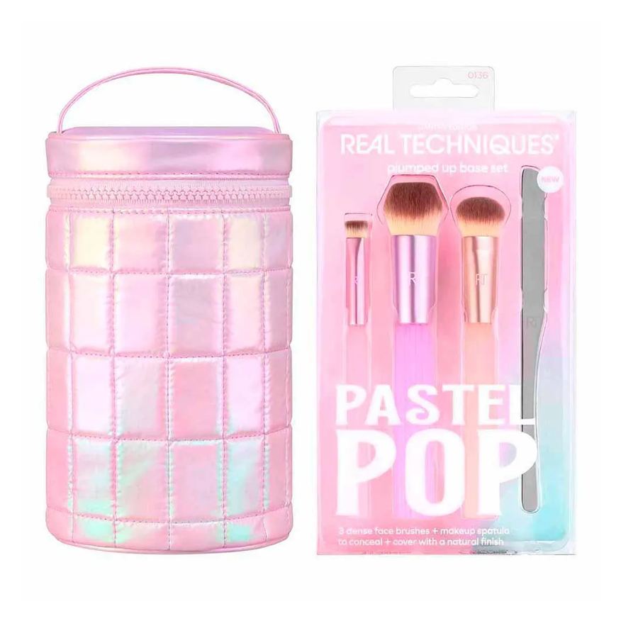 Real Techniques Pastel Pop Kit - 3 Pincéis para o Rosto + 1 Espátula de Maquiagem + Estojo para Pincéis