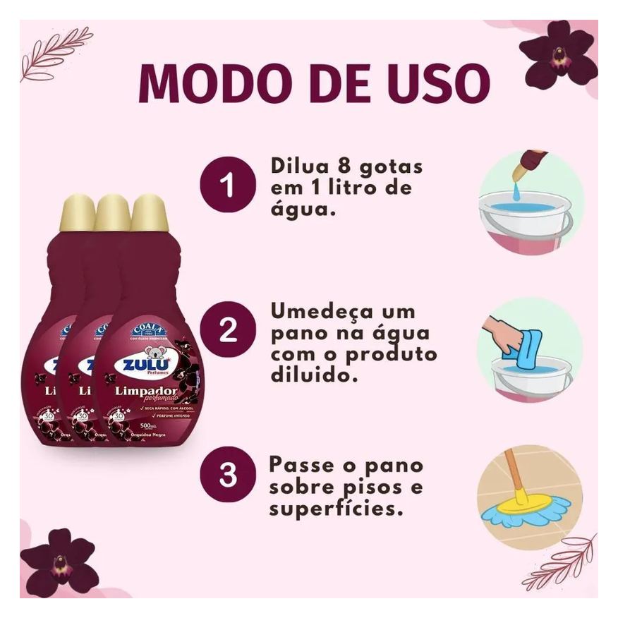 Coala Kit Zulu Perfumes: 3 Limpadores Perfumados Orquídea Negra 500ml